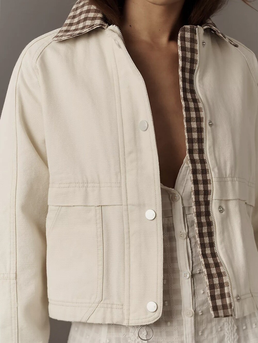 Bagatelle Cream Mixed Media Twill Barn Jacket Gingham Collar Trim Sz.XL